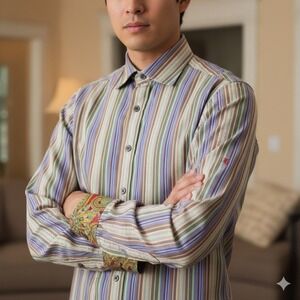 Robert Graham Button Down Mens Large Multicolor Stripe Paisley Contrast Shirt